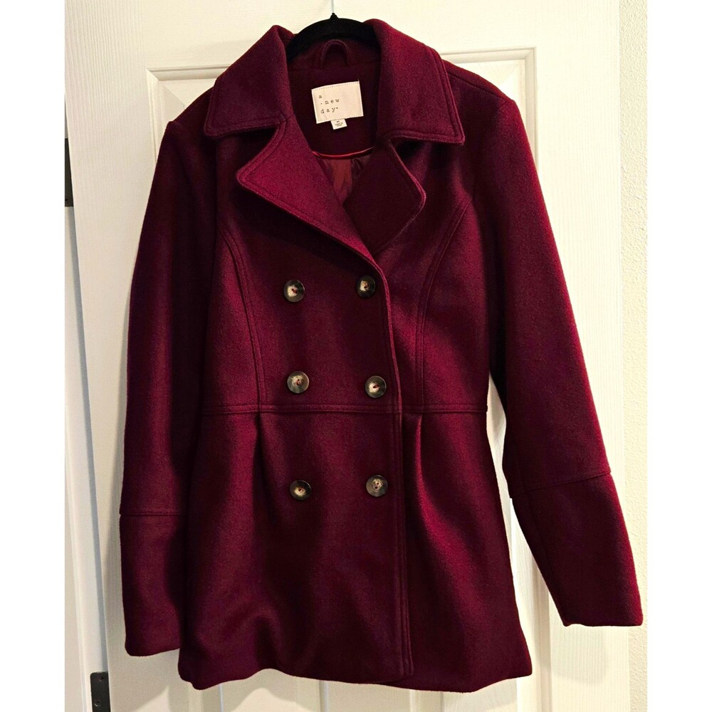 A New Day Burgundy Double Breasted Peacoat Jacket M Dark Red Wool Blend Academia